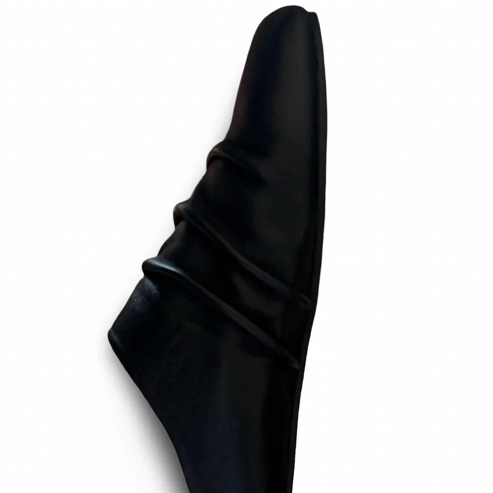 Black Faux Leather Ruched Square Toe Mules Mens Sz 8.5 Flat Slip On Slides